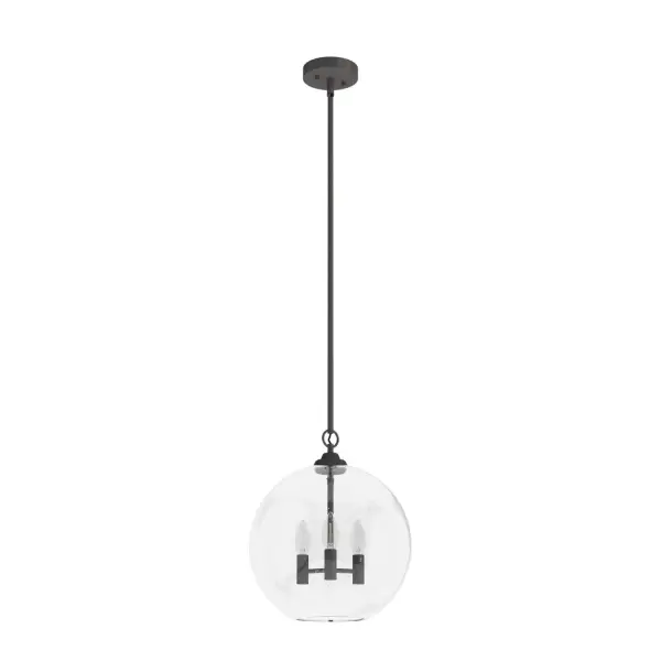 The High Oaks pendant combines traditional warmth with contemporary clean lines, featuring three candelabra lights within a clear seeded glass globe. The Noble Bronze finish adds sophistication while the compact 13.75-inch diameter makes it versatile for various spaces.