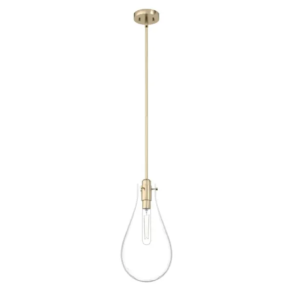 Fans of modern design know that less is often so much more—and that sentiment has never proven truer than with our Lundin pendant light. Featuring a chic, oversized teardrop-shaped glass suspended from the ceiling, the Lundin punctuates your kitchen or dining room with a mark of modern elegance. Brighten up your home with the warming look of Lundin. Rated for indoor use only Requires 1 E26 bulbs. Bulbs not included. MADE FOR INDOORS: For use in indoor spaces like kitchens, bedrooms, living rooms, dining rooms, and entryways. BULB RECOMMENDATION: Maximum 60 W per light bulb or equivalent LED bulb. Bulbs not included. PICTURED HERE: Match our image using T10 Tubular light bulbs. CUSTOMIZABLE HANGING OPTIONS: With the minimum required downrod, the hanging length is 32.25 inches. When using all of the included downrod, the maximum hanging length is 74.25 inches. WARRANTY: One-year limited warranty backed by the trusted experts at Hunter.