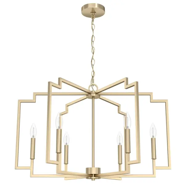 Look up for style. Your guests may not be watching their step because all eyes will be on the Zoanne Chandelier. This stunning geometric fixture is more than a light for your dining room or great room; it's a work of art! Fixtures from the Zoanne collection create a wow factor in any room. Mix and match with fans from our ceiling fan collections to fully finish your space. Rated for indoor use only Requires 6 E12 bulbs. Bulbs not included. MADE FOR INDOORS: For use in indoor spaces like kitchens, bedrooms, living rooms, dining rooms, and entryways. BULB RECOMMENDATION: Maximum 60 W per light bulb or equivalent LED bulb. Bulbs not included. PICTURED HERE: Match our image using B10 Candle light bulbs. CUSTOMIZABLE HANGING OPTIONS: With the minimum required chain, the hanging length is 35.25 inches. When using all of the included chain, the maximum hanging length is 92.5 inches. WARRANTY: One-year limited warranty backed by the trusted experts at Hunter.