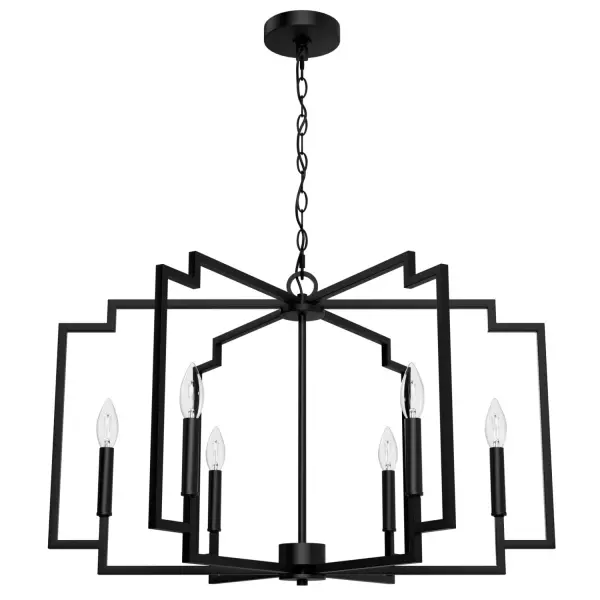 Look up for style. Your guests may not be watching their step because all eyes will be on the Zoanne Chandelier. This stunning geometric fixture is more than a light for your dining room or great room; it's a work of art! Fixtures from the Zoanne collection create a wow factor in any room. Mix and match with fans from our ceiling fan collections to fully finish your space. Rated for indoor use only Requires 6 E12 bulbs. Bulbs not included. MADE FOR INDOORS: For use in indoor spaces like kitchens, bedrooms, living rooms, dining rooms, and entryways. BULB RECOMMENDATION: Maximum 60 W per light bulb or equivalent LED bulb. Bulbs not included. PICTURED HERE: Match our image using B10 Candle light bulbs. CUSTOMIZABLE HANGING OPTIONS: With the minimum required chain, the hanging length is 35.25 inches. When using all of the included chain, the maximum hanging length is 92.5 inches. WARRANTY: One-year limited warranty backed by the trusted experts at Hunter. - alternate view