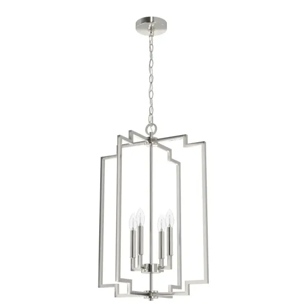 The Zoanne pendant delivers high-impact style with its modern geometric design and brushed nickel finish. Four lights provide excellent ambient illumination for foyers and entryways, creating an impressive first impression.