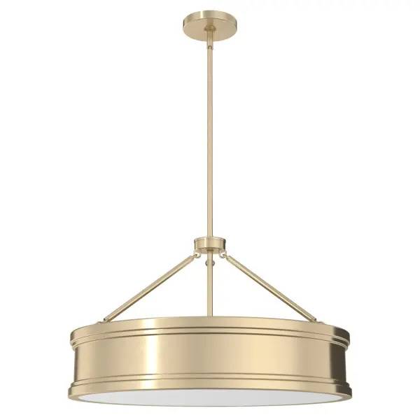 The Capshaw pendant combines a sleek drum profile with warm Alturas Gold finish, creating a sophisticated fixture that bridges traditional and contemporary aesthetics. Six lights provide ample illumination while the painted white glass diffuses light beautifully.