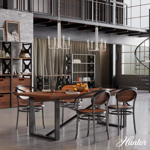 The Bearden chandelier introduces an industrial edge to your modern design scheme. Marked by its clean lines and crisp geometry, the Bearden makes a subtle statement and is casual enough to complement most existing decor. Pair two of these fixtures side by side to infuse your home's larger living spaces with added warmth. mix andmatch with other fixtures from this collection or from our ceiling fan designs. Rated for indoor use only Requires 4 E12 bulbs. Bulbs not included. MADE FOR INDOORS: For use in indoor spaces like kitchens, bedrooms, living rooms, dining rooms, and entryways. BULB RECOMMENDATION: Maximum W per light bulb or equivalent LED bulb. Bulbs not included. PICTURED HERE: Match our image using B10 Candle light bulbs. CUSTOMIZABLE HANGING OPTIONS: With the minimum required chain, the hanging length is 22.5 inches. When using all of the included chain, the maximum hanging length is 94.5 inches. WARRANTY: One-year limited warranty backed by the trusted experts at Hunter. - alternate view