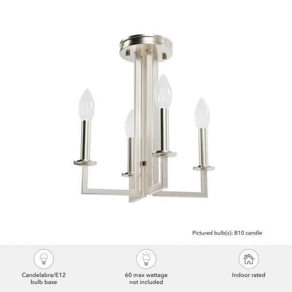 An ideal fit for lower ceilings, the Bearden semi-flush mount offers an industrial take on modern elegance. This light is perfect for brightening up your home's smaller spaces and the clean lines and sleek geometric shapes easily complement most existing aesthetics. Light up all of your living spaces with the Bearden collection or mix and match with a fan from our ceiling fan designs.. Rated for indoor use only Requires 4 E12 bulbs. Bulbs not included. MADE FOR INDOORS: For use in indoor spaces like kitchens, bedrooms, living rooms, dining rooms, and entryways. BULB RECOMMENDATION: Maximum W per light bulb or equivalent LED bulb. Bulbs not included. PICTURED HERE: Match our image using B10 Candle light bulbs. WARRANTY: One-year limited warranty backed by the trusted experts at Hunter. - alternate view