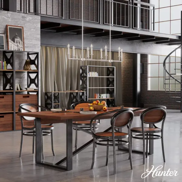 The Bearden linear chandelier is a modern industrial masterpiece, lending a stately air to any dining room, formal living room, or upscale kitchen aesthetic. The Bearden's cool, clean lines are offset by the soft warmth of its eight candle-like bulbs, while the fixture's simple finish keeps the accessory from overpowering your space. Shine brightness through your home with the Bearden collection. Rated for indoor use only Requires 8 E12 bulbs. Bulbs not included. MADE FOR INDOORS: For use in indoor spaces like kitchens, bedrooms, living rooms, dining rooms, and entryways. BULB RECOMMENDATION: Maximum W per light bulb or equivalent LED bulb. Bulbs not included. PICTURED HERE: Match our image using B10 Candle light bulbs. CUSTOMIZABLE HANGING OPTIONS: With the minimum required downrod, the hanging length is 8.75 inches. When using all of the included downrod, the maximum hanging length is 56.5 inches. WARRANTY: One-year limited warranty backed by the trusted experts at Hunter. - alternate view