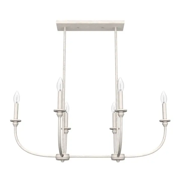 The Southcrest blends modern clean lines with old-world cottage charm in a distressed white finish. Its 36-inch linear design makes it perfect for kitchen islands and dining tables, while six candle-style lights provide ample illumination.