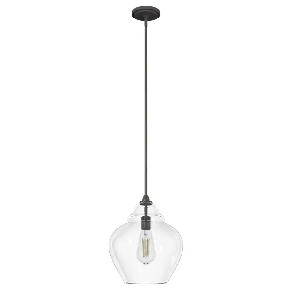 The Dunshire pendant shining light fixture designed in the transitional style will fit beautifully in the dining room, entry, or over the kitchen island. The soft curve of the feminine bell-shaped glass surrounds the bulb allowing for beautiful ambient sparkle of lighting in your spaces. Mix and match with other fixtures from this collection or from our ceiling fan designs. Rated for indoor use only Requires 1 E26 bulbs. Bulbs not included. MADE FOR INDOORS: For use in indoor spaces like kitchens, bedrooms, living rooms, dining rooms, and entryways. BULB RECOMMENDATION: Maximum 60 W per light bulb or equivalent LED bulb. Bulbs not included. PICTURED HERE: Match our image using ST64 Edison light bulbs. CUSTOMIZABLE HANGING OPTIONS: With the minimum required downrod, the hanging length is 23.25 inches. When using all of the included downrod, the maximum hanging length is 71.25 inches. WARRANTY: One-year limited warranty backed by the trusted experts at Hunter.