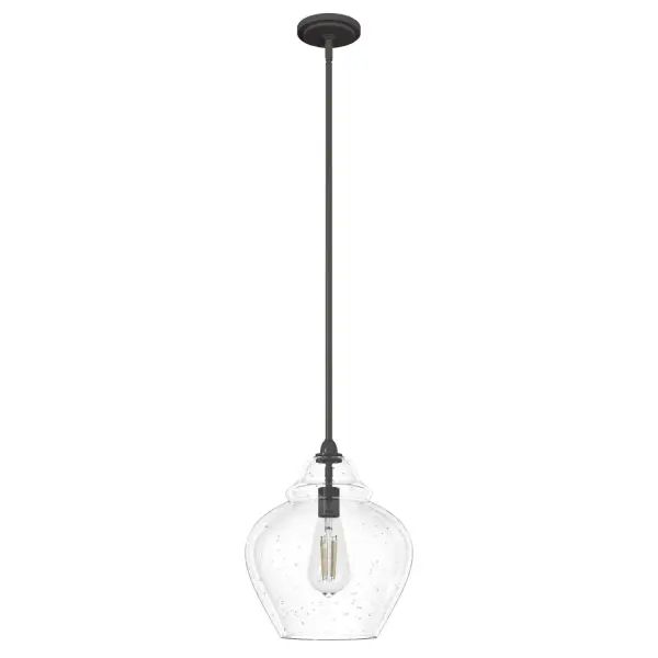 The Dunshire pendant light fixture designed in the transitional style will fit beautifully in the dining room, entry, or shine brightly over your kitchen island. The soft curve of the feminine bell-shaped clear seeded glass surrounds the bulb allowing for beautiful ambient lighting in your spaces. Mix and match with other fixtures from this collection or from our ceiling fan designs. Rated for indoor use only Requires 1 E26 bulbs. Bulbs not included. MADE FOR INDOORS: For use in indoor spaces like kitchens, bedrooms, living rooms, dining rooms, and entryways. BULB RECOMMENDATION: Maximum 60 W per light bulb or equivalent LED bulb. Bulbs not included. PICTURED HERE: Match our image using ST64 Edison light bulbs. CUSTOMIZABLE HANGING OPTIONS: With the minimum required downrod, the hanging length is 23.25 inches. When using all of the included downrod, the maximum hanging length is 71.25 inches. WARRANTY: One-year limited warranty backed by the trusted experts at Hunter.