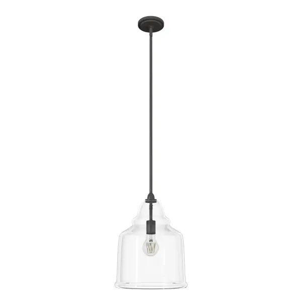 The Dunshire pendant is a picture of understated beauty. The clean lines of the bell-shaped glass makes this fixture a delight in your foyer dining room or kitchen. Entertain your guests in the warm glow of the Dunshire and your party will shine bright like a diamond. Mix and match with other fixtures from this collection or from our ceiling fan designs. Rated for indoor use only Requires 1 E26 bulbs. Bulbs not included. MADE FOR INDOORS: For use in indoor spaces like kitchens, bedrooms, living rooms, dining rooms, and entryways. BULB RECOMMENDATION: Maximum 60 W per light bulb or equivalent LED bulb. Bulbs not included. PICTURED HERE: Match our image using ST64 Edison light bulbs. CUSTOMIZABLE HANGING OPTIONS: With the minimum required downrod, the hanging length is 24.75 inches. When using all of the included downrod, the maximum hanging length is 72.75 inches. WARRANTY: One-year limited warranty backed by the trusted experts at Hunter.