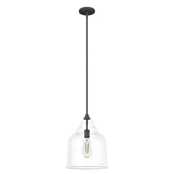 The Dunshire pendant is a picture of understated beauty that will still knock your socks off. The clean lines of the bell-shaped clear seeded glass makes this fixture a delight in your foyer dining room or kitchen. Entertain your guests in the warm glow of the Dunshire. Mix and match with other fixtures from this collection or from our ceiling fan designs. Rated for indoor use only Requires 1 E26 bulbs. Bulbs not included. MADE FOR INDOORS: For use in indoor spaces like kitchens, bedrooms, living rooms, dining rooms, and entryways. BULB RECOMMENDATION: Maximum 60 W per light bulb or equivalent LED bulb. Bulbs not included. PICTURED HERE: Match our image using ST64 Edison light bulbs. CUSTOMIZABLE HANGING OPTIONS: With the minimum required downrod, the hanging length is 24.75 inches. When using all of the included downrod, the maximum hanging length is 72.75 inches. WARRANTY: One-year limited warranty backed by the trusted experts at Hunter.