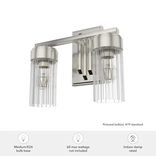Glow in the glamour of the Gatz vanity light. The metal fixture combines with fluted glass covers to create a sparkling aesthetic to bring life to any powder room. You will want to wake up to this gorgeous shine. Add other lights from the Gatz collection for a coordinated look throughout your home. Mix and match with fans from our ceiling fan collections to fully finish your space. Rated for indoor spaces exposed to humidity Requires 2 E26 bulbs. Bulbs not included. Mounts Up or Down INDOOR-DAMP RATED: For use in indoor spaces exposed to humidity like bathrooms and laundry rooms. BULB RECOMMENDATION: Maximum 60 W per light bulb or equivalent LED bulb. Bulbs not included. PICTURED HERE: Match our image using A19 Standard light bulbs. WARRANTY: One-year limited warranty backed by the trusted experts at Hunter. - alternate view
