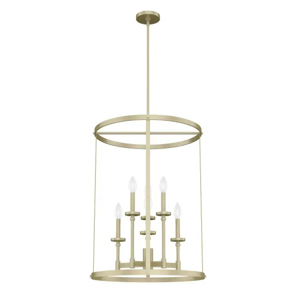 "Wow," your guests with the Briargrove pendant chandelier! This fixture harkens back to the elegant tradition of formal design but with a modern simplicity that is simply a stunner. Give your foyer a polished feeling or dress up your dining room with this gorgeous chandelier. Mix and match with other fixtures from this collection or from our ceiling fan designs. Rated for indoor use only Requires 6 E12 bulbs. Bulbs not included. MADE FOR INDOORS: For use in indoor spaces like kitchens, bedrooms, living rooms, dining rooms, and entryways. BULB RECOMMENDATION: Maximum 60 W per light bulb or equivalent LED bulb. Bulbs not included. PICTURED HERE: Match our image using B10 Candle light bulbs. CUSTOMIZABLE HANGING OPTIONS: With the minimum required downrod, the hanging length is 36.25 inches. When using all of the included downrod, the maximum hanging length is 78.25 inches. WARRANTY: One-year limited warranty backed by the trusted experts at Hunter. - alternate view