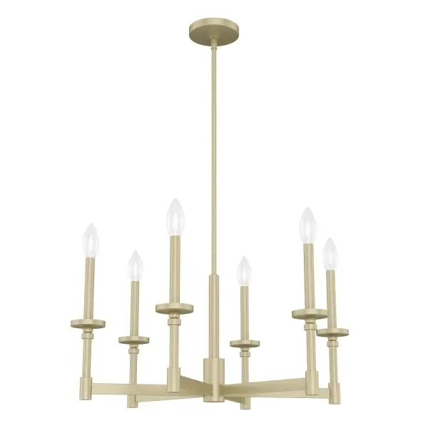Bring elegance and drama to your space with the Briargrove single tier chandelier. This formal fixture with a modern edge is an eye-catching design that will illuminate your space beautifully. The modern take on formal lighting of the Briargrove collection will elevate any space. Mix and match with other fixtures from this collection or from our ceiling fan designs. Rated for indoor use only Requires 6 E12 bulbs. Bulbs not included. MADE FOR INDOORS: For use in indoor spaces like kitchens, bedrooms, living rooms, dining rooms, and entryways. BULB RECOMMENDATION: Maximum W per light bulb or equivalent LED bulb. Bulbs not included. PICTURED HERE: Match our image using B10 Candle light bulbs. CUSTOMIZABLE HANGING OPTIONS: With the minimum required downrod, the hanging length is 24 inches. When using all of the included downrod, the maximum hanging length is 72 inches. WARRANTY: One-year limited warranty backed by the trusted experts at Hunter.