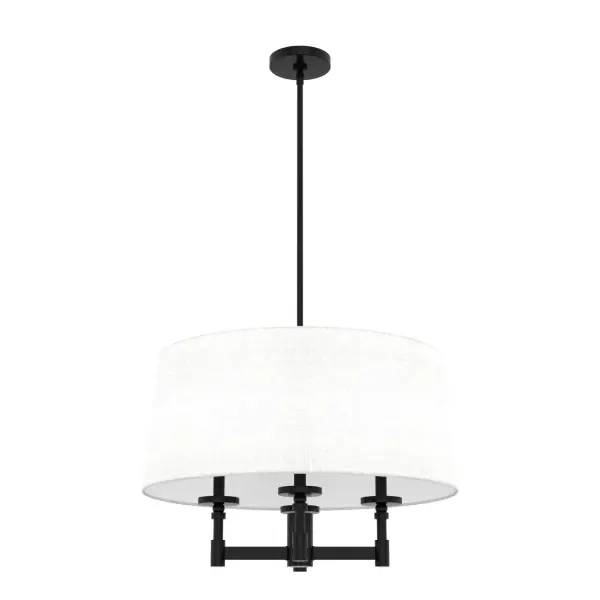 A versatile fixture with a modern feel, the Briargrove shade chandelier can glow up a board room, brighten a beach house and light up a loft. The fixture's clean lines and crisp, textured shade balance the best elements of a modern take on formal lighting. Install one to create a look that will make a statement in any space. Rated for indoor use only Requires 4 E12 bulbs. Bulbs not included. MADE FOR INDOORS: For use in indoor spaces like kitchens, bedrooms, living rooms, dining rooms, and entryways. BULB RECOMMENDATION: Maximum W per light bulb or equivalent LED bulb. Bulbs not included. PICTURED HERE: Match our image using B10 Candle light bulbs. CUSTOMIZABLE HANGING OPTIONS: With the minimum required downrod, the hanging length is 22.75 inches. When using all of the included downrod, the maximum hanging length is 64.75 inches. WARRANTY: One-year limited warranty backed by the trusted experts at Hunter.