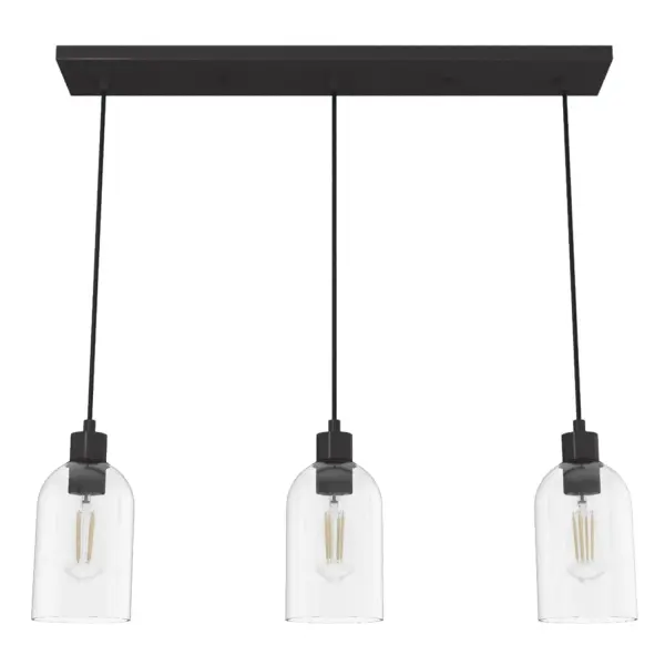 Ultimate lighting for multi-functional spaces. The Lochemeade linear cluster light gives you multiple modern pendant lights with one installation, perfect for spaces like kitchen islands where cooking and homeworking is being done. Like a classic black dress, its minimalist design is versatile yet statement-making. Mix and match with other fixtures from the Lochemeade collection or from our ceiling fan designs. Rated for indoor use only Requires 3 E26 bulbs. Bulbs not included. MADE FOR INDOORS: For use in indoor spaces like kitchens, bedrooms, living rooms, dining rooms, and entryways. BULB RECOMMENDATION: Maximum 60 W per light bulb or equivalent LED bulb. Bulbs not included. PICTURED HERE: Match our image using ST64 Edison light bulbs. CUSTOMIZABLE HANGING OPTIONS: With the minimum required cord, the hanging length is 16 inches. When using all of the included cord, the maximum hanging length is 130 inches. WARRANTY: One-year limited warranty backed by the trusted experts at Hunter.