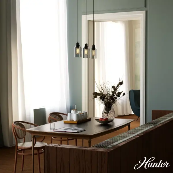 Ultimate lighting for multi-functional spaces. The Lochemeade linear cluster light gives you three modern pendant lights with one installation, perfect for spaces like kitchen islands where cooking and homeworking is being done. Like a classic black dress, its minimalist design is versatile yet statement-making. Mix and match with other fixtures from the Lochemeade collection or from our ceiling fan designs. Rated for indoor use only Requires 3 E26 bulbs. Bulbs not included. MADE FOR INDOORS: For use in indoor spaces like kitchens, bedrooms, living rooms, dining rooms, and entryways. BULB RECOMMENDATION: Maximum 60 W per light bulb or equivalent LED bulb. Bulbs not included. PICTURED HERE: Match our image using ST64 Edison light bulbs. CUSTOMIZABLE HANGING OPTIONS: With the minimum required cord, the hanging length is 16 inches. When using all of the included cord, the maximum hanging length is 130 inches. WARRANTY: One-year limited warranty backed by the trusted experts at Hunter. - alternate view