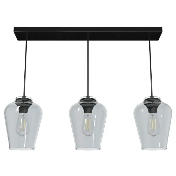 In a minimalist space, the Vidria linear cluster light's organic modern form adds depth and warmth. The glass pendant lights feature a vase-shaped glass that has the appearance of floating above the bulb. Create a cohesive look in your home by pairing this customer-favorite with other fixtures from the Vidria Collection. Mix and match with fans from our ceiling fan collections to fully finish your space. Rated for indoor use only Requires 3 E26 bulbs. Bulbs not included. MADE FOR INDOORS: For use in indoor spaces like kitchens, bedrooms, living rooms, dining rooms, and entryways. BULB RECOMMENDATION: Maximum 60 W per light bulb or equivalent LED bulb. Bulbs not included. PICTURED HERE: Match our image using ST64 Edison light bulbs. CUSTOMIZABLE HANGING OPTIONS: With the minimum required cord, the hanging length is 16 inches. When using all of the included cord, the maximum hanging length is 130 inches. WARRANTY: One-year limited warranty backed by the trusted experts at Hunter.