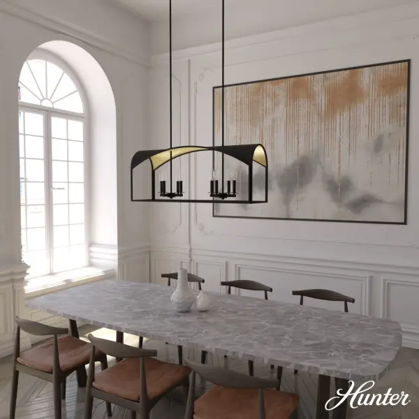The Dukestown chandelier is a showstopping piece that masterfully balances traditional elegance with sophisticated style. Its metallic leaf detailing and arched silhouettes create visual drama, while the natural black iron finish adds timeless appeal. - alternate view