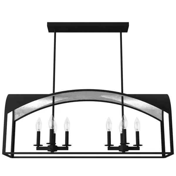 The Dukestown linear chandelier is a showstopping piece. Featuring metallic leaf detailing and striking arched silhouettes, this gorgeous piece masterfully balances traditional elegance with sophisticated style. Brighten up your kitchen or light up your dining room with this work of art from the Dukestown collection. Mix and match with other fixtures from this collection or from our ceiling fan designs. Rated for indoor use only Requires 8 E12 bulbs. Bulbs not included. MADE FOR INDOORS: For use in indoor spaces like kitchens, bedrooms, living rooms, dining rooms, and entryways. BULB RECOMMENDATION: Maximum 60 W per light bulb or equivalent LED bulb. Bulbs not included. PICTURED HERE: Match our image using B10 Candle light bulbs. CUSTOMIZABLE HANGING OPTIONS: With the minimum required downrod, the hanging length is 15.75 inches. When using all of the included downrod, the maximum hanging length is 63.75 inches. WARRANTY: One-year limited warranty backed by the trusted experts at Hunter.