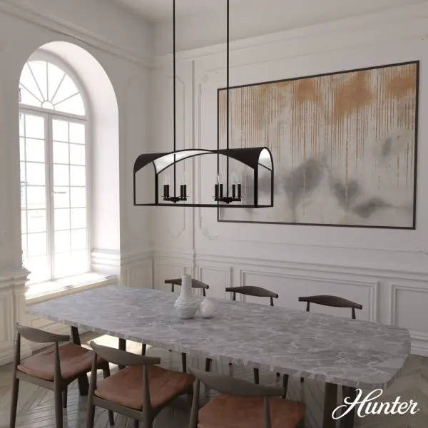 The Dukestown linear chandelier is a showstopping piece. Featuring metallic leaf detailing and striking arched silhouettes, this gorgeous piece masterfully balances traditional elegance with sophisticated style. Brighten up your kitchen or light up your dining room with this work of art from the Dukestown collection. Mix and match with other fixtures from this collection or from our ceiling fan designs. Rated for indoor use only Requires 8 E12 bulbs. Bulbs not included. MADE FOR INDOORS: For use in indoor spaces like kitchens, bedrooms, living rooms, dining rooms, and entryways. BULB RECOMMENDATION: Maximum 60 W per light bulb or equivalent LED bulb. Bulbs not included. PICTURED HERE: Match our image using B10 Candle light bulbs. CUSTOMIZABLE HANGING OPTIONS: With the minimum required downrod, the hanging length is 15.75 inches. When using all of the included downrod, the maximum hanging length is 63.75 inches. WARRANTY: One-year limited warranty backed by the trusted experts at Hunter. - alternate view