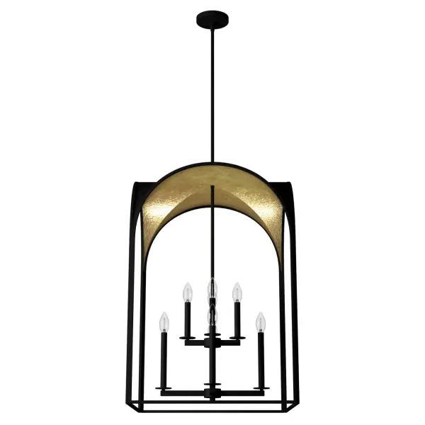 Introduce a new conversation piece into your foyer with the Dukestown pendant light, featuring eight soft bulbs to glow up your living area and infuse your home with warmth. Arranged in two cascading tiers within the Dukestown's arched open-air cage, the pendant's eight lights radiate softly against the fixture's luminous metallic finish. Mix and match with other fixtures from this collection or from our ceiling fan designs. Rated for indoor use only Requires 8 E12 bulbs. Bulbs not included. MADE FOR INDOORS: For use in indoor spaces like kitchens, bedrooms, living rooms, dining rooms, and entryways. BULB RECOMMENDATION: Maximum 60 W per light bulb or equivalent LED bulb. Bulbs not included. PICTURED HERE: Match our image using B10 Candle light bulbs. CUSTOMIZABLE HANGING OPTIONS: With the minimum required downrod, the hanging length is 41.25 inches. When using all of the included downrod, the maximum hanging length is 89.25 inches. WARRANTY: One-year limited warranty backed by the trusted experts at Hunter.