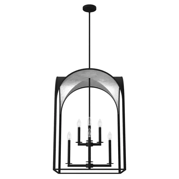 Introduce a new conversation piece into your foyer with the Dukestown pendant light, featuring eight soft bulbs to glow up your living area and infuse your home with warmth. Arranged in two cascading tiers within the Dukestown's arched open-air cage, the pendant's eight lights radiate softly against the fixture's luminous metallic finish. Mix and match with other fixtures from this collection or from our ceiling fan designs. Rated for indoor use only Requires 8 E12 bulbs. Bulbs not included. MADE FOR INDOORS: For use in indoor spaces like kitchens, bedrooms, living rooms, dining rooms, and entryways. BULB RECOMMENDATION: Maximum 60 W per light bulb or equivalent LED bulb. Bulbs not included. PICTURED HERE: Match our image using B10 Candle light bulbs. CUSTOMIZABLE HANGING OPTIONS: With the minimum required downrod, the hanging length is 41.25 inches. When using all of the included downrod, the maximum hanging length is 89.25 inches. WARRANTY: One-year limited warranty backed by the trusted experts at Hunter.