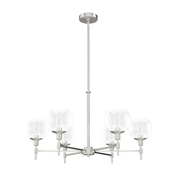 The Xidane chandelier will enhance the style of your space. This modern fixture shines beautifully in your bedroom, living room, or over your dining table. Metal arms suspend gorgeous glass orb shades, providing a glow of ambient light above. Make an impression by adding other fixtures from the Xidane collection throughout your home to elevate the glamour in all your spaces. Rated for indoor use only Requires 6 E12 bulbs. Bulbs not included. MADE FOR INDOORS: For use in indoor spaces like kitchens, bedrooms, living rooms, dining rooms, and entryways. BULB RECOMMENDATION: Maximum 60 W per light bulb or equivalent LED bulb. Bulbs not included. PICTURED HERE: Match our image using B10 Candle light bulbs. CUSTOMIZABLE HANGING OPTIONS: With the minimum required downrod, the hanging length is 26.75 inches. When using all of the included downrod, the maximum hanging length is 74.75 inches. WARRANTY: One-year limited warranty backed by the trusted experts at Hunter. - alternate view