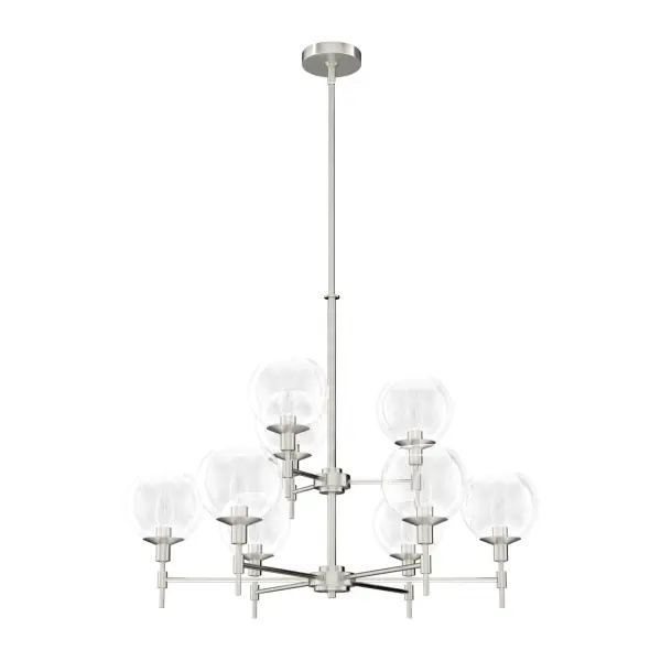 The Xidane chandelier makes a bold statement with its geometric metal frame and nine glowing glass orbs. The brushed nickel finish adds sophistication while the clear glass creates an enchanting, light-filled atmosphere perfect for entertaining spaces.