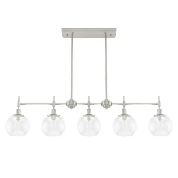 The graceful symmetry of the Xidane linear chandelier balances elegance with an edgy undertone. Glass orbs hang from metal, shining ambient light down as you entertain guests at your kitchen island or dining table. Make an impression by adding lights from the Xidane collection throughout your home to elevate all your spaces with the glow of glamour. Mix and match with fans from our ceiling fan collections to fully finish your space. Rated for indoor use only Requires 5 E12 bulbs. Bulbs not included. MADE FOR INDOORS: For use in indoor spaces like kitchens, bedrooms, living rooms, dining rooms, and entryways. BULB RECOMMENDATION: Maximum 60 W per light bulb or equivalent LED bulb. Bulbs not included. PICTURED HERE: Match our image using B10 Candle light bulbs. CUSTOMIZABLE HANGING OPTIONS: With the minimum required downrod, the hanging length is 16.25 inches. When using all of the included downrod, the maximum hanging length is 64.25 inches. WARRANTY: One-year limited warranty backed by the trusted experts at Hunter.