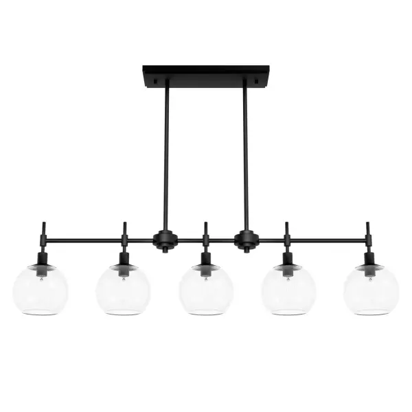 The graceful symmetry of the Xidane linear chandelier balances elegance with an edgy undertone. Glass orbs hang from metal, shining ambient light down as you entertain guests at your kitchen island or dining table. Make an impression by adding lights from the Xidane collection throughout your home to elevate all your spaces with the glow of glamour. Mix and match with fans from our ceiling fan collections to fully finish your space. Rated for indoor use only Requires 5 E12 bulbs. Bulbs not included. MADE FOR INDOORS: For use in indoor spaces like kitchens, bedrooms, living rooms, dining rooms, and entryways. BULB RECOMMENDATION: Maximum 60 W per light bulb or equivalent LED bulb. Bulbs not included. PICTURED HERE: Match our image using B10 Candle light bulbs. CUSTOMIZABLE HANGING OPTIONS: With the minimum required downrod, the hanging length is 16.25 inches. When using all of the included downrod, the maximum hanging length is 64.25 inches. WARRANTY: One-year limited warranty backed by the trusted experts at Hunter. - alternate view