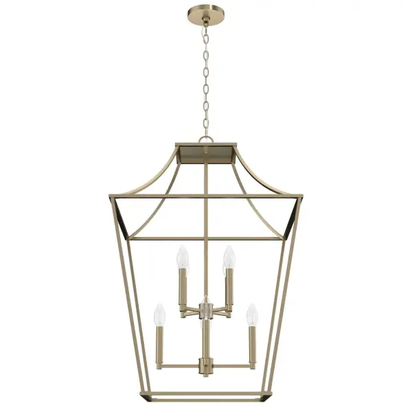 A modern take on a classic style, the Laurel Ridge lantern-inspired pendant brings dramatic focus to your entry or living space. Visitors will want to know where you got that fixture, and you will be their design guru. An updated take on the Georgian silhouette, the Laurel Ridge Collection is a fresh look in formal spaces. Mix and match with fans from our ceiling fan collections to fully finish your space. Rated for indoor use only Requires 8 E12 bulbs. Bulbs not included. MADE FOR INDOORS: For use in indoor spaces like kitchens, bedrooms, living rooms, dining rooms, and entryways. BULB RECOMMENDATION: Maximum 60 W per light bulb or equivalent LED bulb. Bulbs not included. PICTURED HERE: Match our image using B10 Candle light bulbs. CUSTOMIZABLE HANGING OPTIONS: With the minimum required chain, the hanging length is 38 inches. When using all of the included chain, the maximum hanging length is 111.5 inches. WARRANTY: One-year limited warranty backed by the trusted experts at Hunter.
