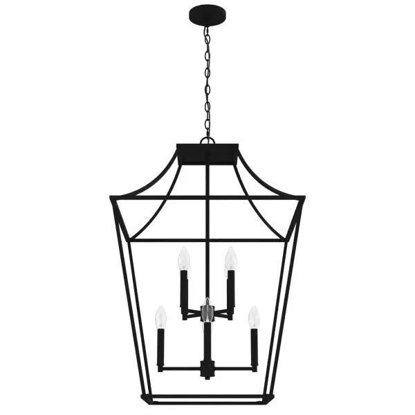 A modern take on a classic style, the Laurel Ridge lantern-inspired pendant brings dramatic focus to your entry or living space. Visitors will want to know where you got that fixture, and you will be their design guru. An updated take on the Georgian silhouette, the Laurel Ridge Collection is a fresh look in formal spaces. Mix and match with fans from our ceiling fan collections to fully finish your space. Rated for indoor use only Requires 8 E12 bulbs. Bulbs not included. MADE FOR INDOORS: For use in indoor spaces like kitchens, bedrooms, living rooms, dining rooms, and entryways. BULB RECOMMENDATION: Maximum 60 W per light bulb or equivalent LED bulb. Bulbs not included. PICTURED HERE: Match our image using B10 Candle light bulbs. CUSTOMIZABLE HANGING OPTIONS: With the minimum required chain, the hanging length is 38 inches. When using all of the included chain, the maximum hanging length is 111.5 inches. WARRANTY: One-year limited warranty backed by the trusted experts at Hunter. - alternate view