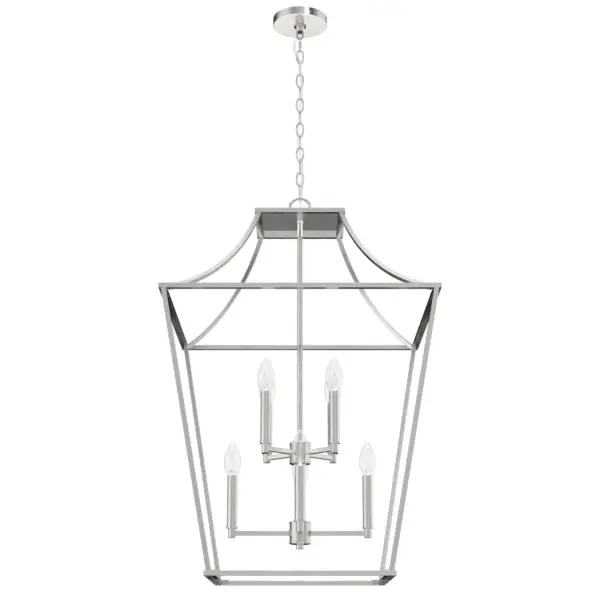 A modern take on a classic style, the Laurel Ridge lantern-inspired pendant brings dramatic focus to your entry or living space. Visitors will want to know where you got that fixture, and you will be their design guru. An updated take on the Georgian silhouette, the Laurel Ridge Collection is a fresh look in formal spaces. Mix and match with fans from our ceiling fan collections to fully finish your space. Rated for indoor use only Requires 8 E12 bulbs. Bulbs not included. MADE FOR INDOORS: For use in indoor spaces like kitchens, bedrooms, living rooms, dining rooms, and entryways. BULB RECOMMENDATION: Maximum 60 W per light bulb or equivalent LED bulb. Bulbs not included. PICTURED HERE: Match our image using B10 Candle light bulbs. CUSTOMIZABLE HANGING OPTIONS: With the minimum required chain, the hanging length is 38 inches. When using all of the included chain, the maximum hanging length is 111.5 inches. WARRANTY: One-year limited warranty backed by the trusted experts at Hunter.