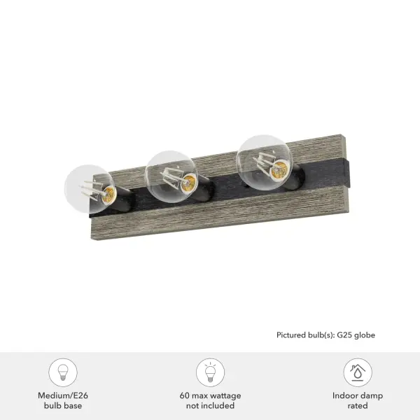 Whether your space is ultra modern or farmhouse and rustic, the Donelson 3-light vanity will surely please! The sleek style of the wood-inspired design enhances the clean and uncluttered feeling of your space while giving you the light you need as you go through your day. Add other lights from the Donelson collection to create a coordinated look throughout your home. Rated for indoor spaces exposed to humidity Requires 3 E26 bulbs. Bulbs not included. Horizontal or Vertical Mount INDOOR-DAMP RATED: For use in indoor spaces exposed to humidity like bathrooms and laundry rooms. BULB RECOMMENDATION: Maximum W per light bulb or equivalent LED bulb. Bulbs not included. PICTURED HERE: Match our image using G25 Globe light bulbs. WARRANTY: One-year limited warranty backed by the trusted experts at Hunter. - alternate view