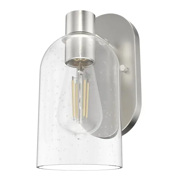 Leonardo DaVinci wrote that simplicity is the ultimate sophistication. The Lochemeade glass wall sconce design exemplifies this, with its modern yet simple form. The modern wall sconce features a striking glass dome in a variety of shades to fit your style. Add it to bathrooms too: It's damp-rated and holds up to humidity in indoor spaces. Mix and match with other fixtures from this collection or from our ceiling fan designs. Rated for indoor spaces exposed to humidity Requires 1 E26 bulbs. Bulbs not included. INDOOR-DAMP RATED: For use in indoor spaces exposed to humidity like bathrooms and laundry rooms. BULB RECOMMENDATION: Maximum 60 W per light bulb or equivalent LED bulb. Bulbs not included. PICTURED HERE: Match our image using ST64 Edison light bulbs. WARRANTY: One-year limited warranty backed by the trusted experts at Hunter. - alternate view