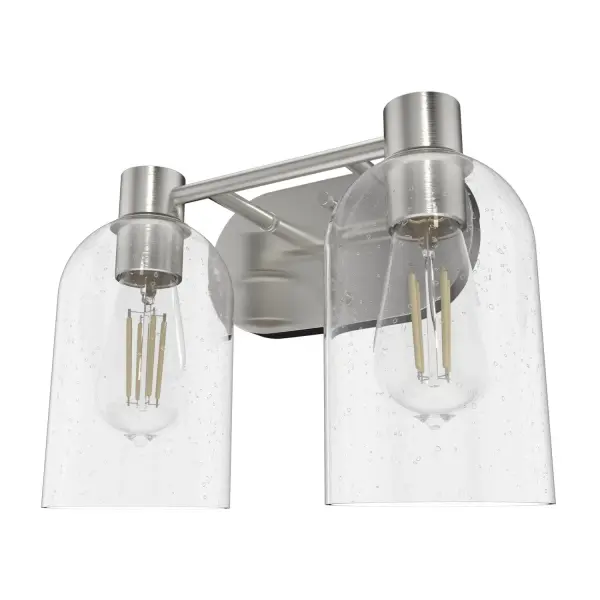 With a simple design and variety of glass finishes, the Lochemeade modern vanity lighting lets you tailor the look of any space. The dome glass embraces minimalism to make a statement without being overpowering. Add it to small bathrooms or bathrooms with double vanities: It's damp-rated and designed to hold up to humidity in indoor spaces. Mix and match with other fixtures from this collection or from our ceiling fan designs. Rated for indoor spaces exposed to humidity Requires 2 E26 bulbs. Bulbs not included. INDOOR-DAMP RATED: For use in indoor spaces exposed to humidity like bathrooms and laundry rooms. BULB RECOMMENDATION: Maximum 60 W per light bulb or equivalent LED bulb. Bulbs not included. PICTURED HERE: Match our image using ST64 Edison light bulbs. WARRANTY: One-year limited warranty backed by the trusted experts at Hunter.