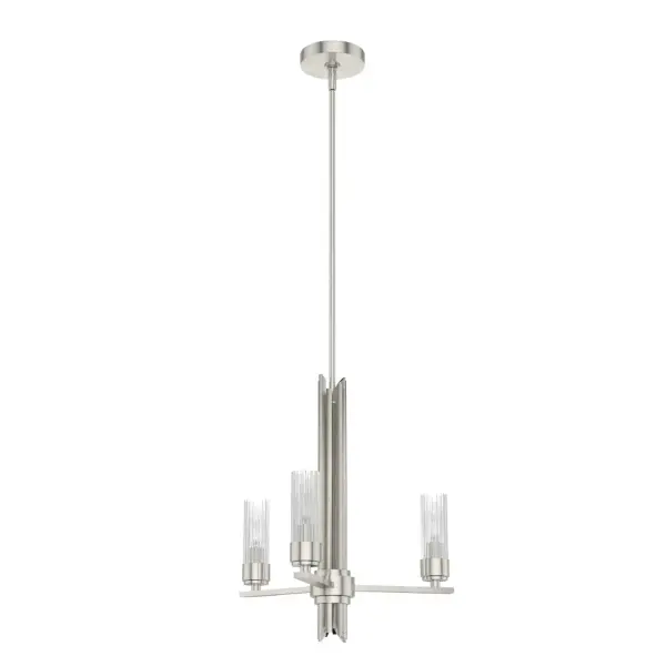Who says glam is only for the dining room? Place the Gatz chandelier over your breakfast nook and start every day in style. This beautiful fixture combines metal with fluted glass, giving any space an air of luxury. Add more lights from the collection to spread glamour throughout your home. Mix and match with fans from our ceiling fan collections to fully finish your space. Rated for indoor use only Requires 3 E12 bulbs. Bulbs not included. MADE FOR INDOORS: For use in indoor spaces like kitchens, bedrooms, living rooms, dining rooms, and entryways. BULB RECOMMENDATION: Maximum 60 W per light bulb or equivalent LED bulb. Bulbs not included. PICTURED HERE: Match our image using B10 Candle light bulbs. CUSTOMIZABLE HANGING OPTIONS: With the minimum required downrod, the hanging length is 30.75 inches. When using all of the included downrod, the maximum hanging length is 78.75 inches. WARRANTY: One-year limited warranty backed by the trusted experts at Hunter.