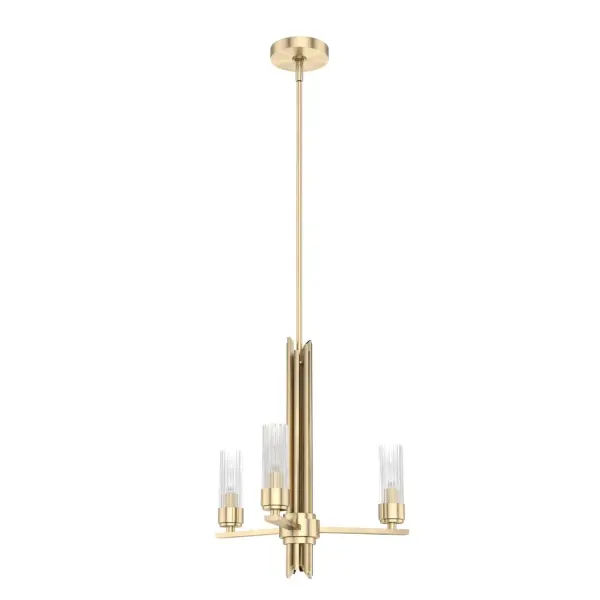 Who says glam is only for the dining room? Place the Gatz chandelier over your breakfast nook and start every day in style. This beautiful fixture combines metal with fluted glass, giving any space an air of luxury. Add more lights from the collection to spread glamour throughout your home. Mix and match with fans from our ceiling fan collections to fully finish your space. Rated for indoor use only Requires 3 E12 bulbs. Bulbs not included. MADE FOR INDOORS: For use in indoor spaces like kitchens, bedrooms, living rooms, dining rooms, and entryways. BULB RECOMMENDATION: Maximum 60 W per light bulb or equivalent LED bulb. Bulbs not included. PICTURED HERE: Match our image using B10 Candle light bulbs. CUSTOMIZABLE HANGING OPTIONS: With the minimum required downrod, the hanging length is 30.75 inches. When using all of the included downrod, the maximum hanging length is 78.75 inches. WARRANTY: One-year limited warranty backed by the trusted experts at Hunter. - alternate view