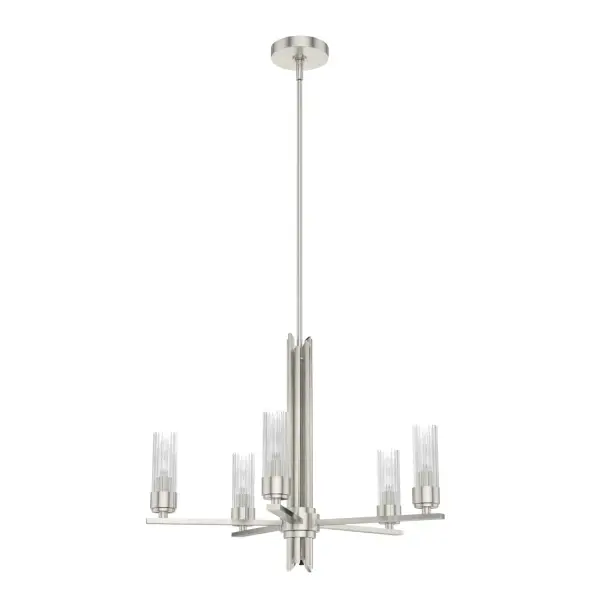 Beguile your excited guests under the light of the Gatz chandelier! The arms hold fluted glass that allows light to shimmer, casting your space in a stylish glow. This light shines above your dining table or in your living room as a testament to your lavish style! Spread the glam throughout your home by adding other lights from the Gatz collection. Rated for indoor use only Requires 5 E12 bulbs. Bulbs not included. MADE FOR INDOORS: For use in indoor spaces like kitchens, bedrooms, living rooms, dining rooms, and entryways. BULB RECOMMENDATION: Maximum 60 W per light bulb or equivalent LED bulb. Bulbs not included. PICTURED HERE: Match our image using B10 Candle light bulbs. CUSTOMIZABLE HANGING OPTIONS: With the minimum required downrod, the hanging length is 30.75 inches. When using all of the included downrod, the maximum hanging length is 78.75 inches. WARRANTY: One-year limited warranty backed by the trusted experts at Hunter. - alternate view