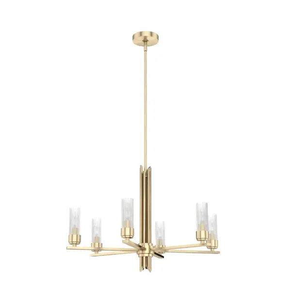 The Gatz 6 light chandelier adds instant glam to your living room. With fluted glass and a beautiful metal finish, your living room will leave your space alight with the chic style you are known for. You don't have to stop with this one! The Gatz collection has a fixture that will fit any room. Rated for indoor use only Requires 6 E12 bulbs. Bulbs not included. MADE FOR INDOORS: For use in indoor spaces like kitchens, bedrooms, living rooms, dining rooms, and entryways. BULB RECOMMENDATION: Maximum 60 W per light bulb or equivalent LED bulb. Bulbs not included. PICTURED HERE: Match our image using B10 Candle light bulbs. CUSTOMIZABLE HANGING OPTIONS: With the minimum required downrod, the hanging length is 30.75 inches. When using all of the included downrod, the maximum hanging length is 78.75 inches. WARRANTY: One-year limited warranty backed by the trusted experts at Hunter.
