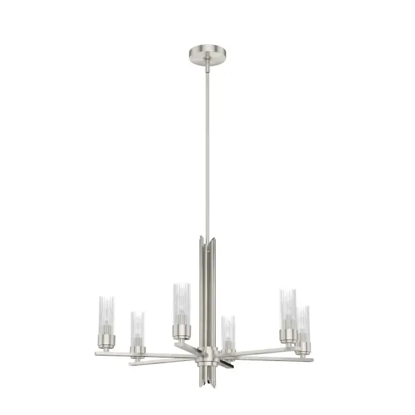The Gatz chandelier adds instant glam to your living room. With fluted glass and a beautiful metal finish, your living room will leave your space alight with the chic style you are known for. You don't have to stop with this one! The Gatz collection has a fixture that will fit any room. Mix and match with other fixtures from this collection or from our ceiling fan designs. Rated for indoor use only Requires 6 E12 bulbs. Bulbs not included. MADE FOR INDOORS: For use in indoor spaces like kitchens, bedrooms, living rooms, dining rooms, and entryways. BULB RECOMMENDATION: Maximum 60 W per light bulb or equivalent LED bulb. Bulbs not included. PICTURED HERE: Match our image using B10 Candle light bulbs. CUSTOMIZABLE HANGING OPTIONS: With the minimum required downrod, the hanging length is 30.75 inches. When using all of the included downrod, the maximum hanging length is 78.75 inches. WARRANTY: One-year limited warranty backed by the trusted experts at Hunter.