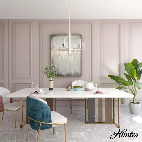The Gatz chandelier adds instant glam to your living room. With fluted glass and a beautiful metal finish, your living room will leave your space alight with the chic style you are known for. You don't have to stop with this one! The Gatz collection has a fixture that will fit any room. Mix and match with other fixtures from this collection or from our ceiling fan designs. Rated for indoor use only Requires 6 E12 bulbs. Bulbs not included. MADE FOR INDOORS: For use in indoor spaces like kitchens, bedrooms, living rooms, dining rooms, and entryways. BULB RECOMMENDATION: Maximum 60 W per light bulb or equivalent LED bulb. Bulbs not included. PICTURED HERE: Match our image using B10 Candle light bulbs. CUSTOMIZABLE HANGING OPTIONS: With the minimum required downrod, the hanging length is 30.75 inches. When using all of the included downrod, the maximum hanging length is 78.75 inches. WARRANTY: One-year limited warranty backed by the trusted experts at Hunter. - alternate view