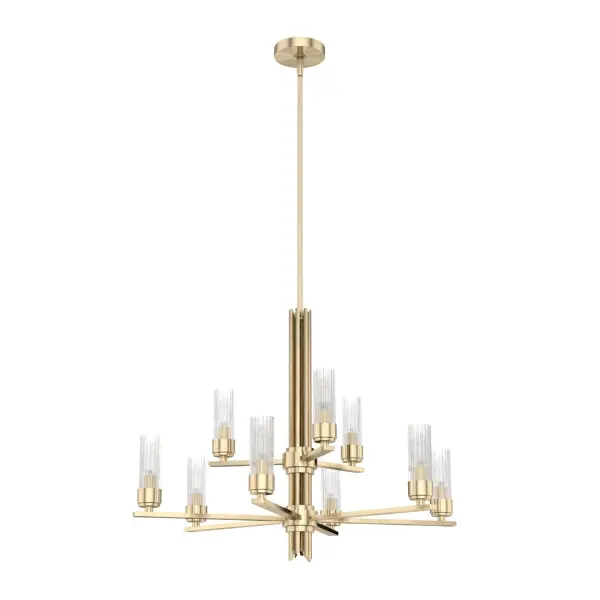 Create a sensation with the flick of a switch. The Gatz chandelier is the epitome of elegance and glamour. The multiple fluted glass shades and metal finish are lovely by day but stunning at night. You can add sparkle throughout your space with other lights from the collection. Mix and match with other fixtures from this collection or from our ceiling fan designs. Rated for indoor use only Requires 9 E12 bulbs. Bulbs not included. MADE FOR INDOORS: For use in indoor spaces like kitchens, bedrooms, living rooms, dining rooms, and entryways. BULB RECOMMENDATION: Maximum 60 W per light bulb or equivalent LED bulb. Bulbs not included. PICTURED HERE: Match our image using B10 Candle light bulbs. CUSTOMIZABLE HANGING OPTIONS: With the minimum required downrod, the hanging length is 36 inches. When using all of the included downrod, the maximum hanging length is 84 inches. WARRANTY: One-year limited warranty backed by the trusted experts at Hunter.