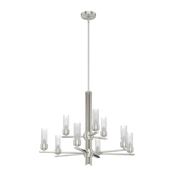 Create a sensation with the flick of a switch. The Gatz chandelier is the epitome of elegance and glamour. The multiple fluted glass shades and metal finish are lovely by day but stunning at night. You can add sparkle throughout your space with other lights from the collection. Mix and match with other fixtures from this collection or from our ceiling fan designs. Rated for indoor use only Requires 9 E12 bulbs. Bulbs not included. MADE FOR INDOORS: For use in indoor spaces like kitchens, bedrooms, living rooms, dining rooms, and entryways. BULB RECOMMENDATION: Maximum 60 W per light bulb or equivalent LED bulb. Bulbs not included. PICTURED HERE: Match our image using B10 Candle light bulbs. CUSTOMIZABLE HANGING OPTIONS: With the minimum required downrod, the hanging length is 36 inches. When using all of the included downrod, the maximum hanging length is 84 inches. WARRANTY: One-year limited warranty backed by the trusted experts at Hunter.
