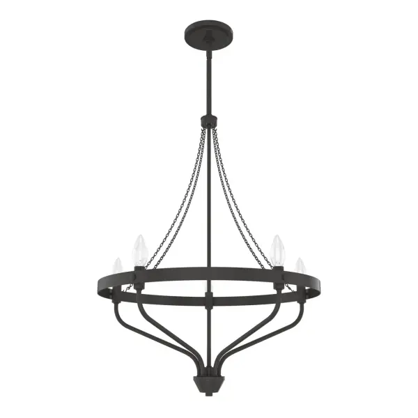 Warmth and wonder converge in Hunter's chandelier—a showstopping piece from our Merlin collection. A glowing ring of lights evokes a sense of magic and mystery, while the Merlin's modern angles and clean lines serve to ground the fixture in contemporary style. Available in multiple finishes, the Merlin chandelier is a mesmerizing addition to your design scheme. Mix and match with other fixtures from this collection or from our ceiling fan designs. Rated for indoor use only Requires 5 E27 bulbs. Bulbs not included. MADE FOR INDOORS: For use in indoor spaces like kitchens, bedrooms, living rooms, dining rooms, and entryways. BULB RECOMMENDATION: Maximum W per light bulb or equivalent LED bulb. Bulbs not included. PICTURED HERE: Match our image using B10 Candle light bulbs. CUSTOMIZABLE HANGING OPTIONS: With the minimum required downrod, the hanging length is 35.5 inches. When using all of the included downrod, the maximum hanging length is 83.5 inches. WARRANTY: One-year limited warranty backed by the trusted experts at Hunter.