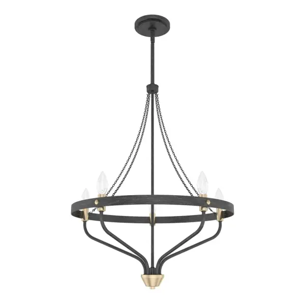 Warmth and wonder converge in Hunter's chandelier—a showstopping piece from our Merlin collection. A glowing ring of lights evokes a sense of magic and mystery, while the Merlin's modern angles and clean lines serve to ground the fixture in contemporary style. Available in multiple finishes, the Merlin chandelier is a mesmerizing addition to your design scheme. Mix and match with other fixtures from this collection or from our ceiling fan designs. Rated for indoor use only Requires 5 E27 bulbs. Bulbs not included. MADE FOR INDOORS: For use in indoor spaces like kitchens, bedrooms, living rooms, dining rooms, and entryways. BULB RECOMMENDATION: Maximum W per light bulb or equivalent LED bulb. Bulbs not included. PICTURED HERE: Match our image using B10 Candle light bulbs. CUSTOMIZABLE HANGING OPTIONS: With the minimum required downrod, the hanging length is 35.5 inches. When using all of the included downrod, the maximum hanging length is 83.5 inches. WARRANTY: One-year limited warranty backed by the trusted experts at Hunter. - alternate view