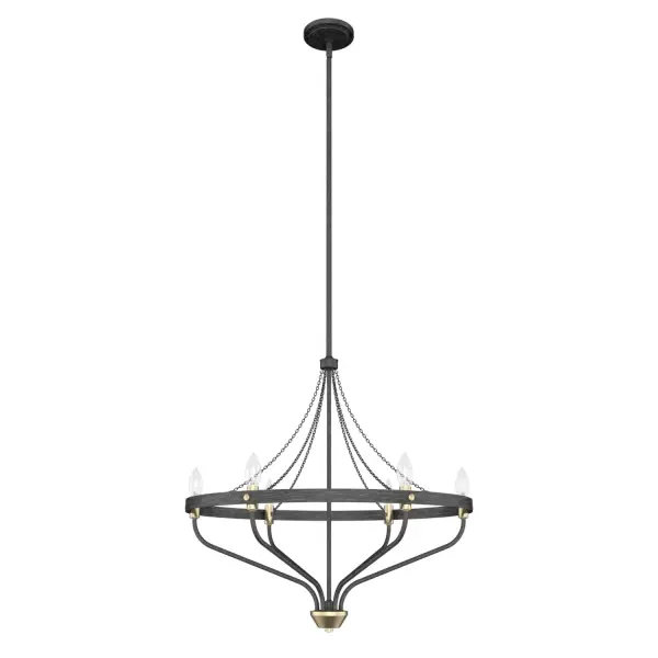 Warmth and wonder converge in Hunter's chandelier—a showstopping piece from our Merlin collection. A glowing ring of lights evokes a sense of magic and mystery, while the Merlin's modern angles and clean lines serve to ground the fixture in contemporary style. Available in multiple finishes, the Merlin chandelier is a mesmerizing addition to your design scheme. Mix and match with other fixtures from this collection or from our ceiling fan designs. Rated for indoor use only Requires 6 E27 bulbs. Bulbs not included. MADE FOR INDOORS: For use in indoor spaces like kitchens, bedrooms, living rooms, dining rooms, and entryways. BULB RECOMMENDATION: Maximum W per light bulb or equivalent LED bulb. Bulbs not included. PICTURED HERE: Match our image using B10 Candle light bulbs. CUSTOMIZABLE HANGING OPTIONS: With the minimum required downrod, the hanging length is 33.5 inches. When using all of the included downrod, the maximum hanging length is 81.5 inches. WARRANTY: One-year limited warranty backed by the trusted experts at Hunter.
