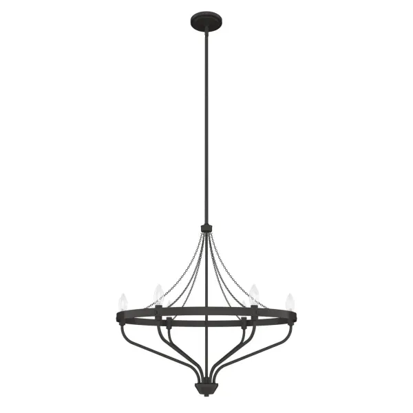 Warmth and wonder converge in Hunter's chandelier—a showstopping piece from our Merlin collection. A glowing ring of lights evokes a sense of magic and mystery, while the Merlin's modern angles and clean lines serve to ground the fixture in contemporary style. Available in multiple finishes, the Merlin chandelier is a mesmerizing addition to your design scheme. Mix and match with other fixtures from this collection or from our ceiling fan designs. Rated for indoor use only Requires 6 E27 bulbs. Bulbs not included. MADE FOR INDOORS: For use in indoor spaces like kitchens, bedrooms, living rooms, dining rooms, and entryways. BULB RECOMMENDATION: Maximum W per light bulb or equivalent LED bulb. Bulbs not included. PICTURED HERE: Match our image using B10 Candle light bulbs. CUSTOMIZABLE HANGING OPTIONS: With the minimum required downrod, the hanging length is 33.5 inches. When using all of the included downrod, the maximum hanging length is 81.5 inches. WARRANTY: One-year limited warranty backed by the trusted experts at Hunter. - alternate view