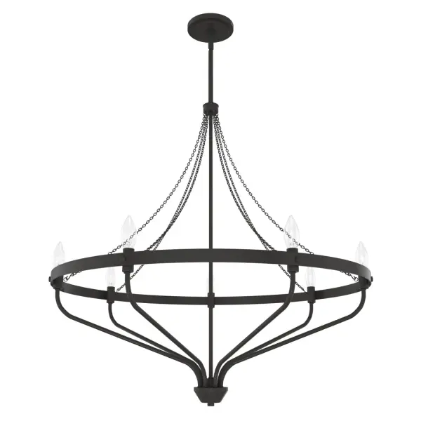 Warmth and wonder converge in Hunter's chandelier—a showstopping piece from our Merlin collection. A ring of luminaries in tubular bulbs evokes a sense of magic and mystery, while the Merlin's modern angles and clean lines serve to ground the fixture in contemporary style. Available in multiple finishes, the Merlin chandelier is a mesmerizing addition to your design scheme. Mix and match with other fixtures from this collection or from our ceiling fan designs. Rated for indoor use only Requires 7 E27 bulbs. Bulbs not included. MADE FOR INDOORS: For use in indoor spaces like kitchens, bedrooms, living rooms, dining rooms, and entryways. BULB RECOMMENDATION: Maximum W per light bulb or equivalent LED bulb. Bulbs not included. PICTURED HERE: Match our image using B10 Candle light bulbs. CUSTOMIZABLE HANGING OPTIONS: With the minimum required downrod, the hanging length is 39.5 inches. When using all of the included downrod, the maximum hanging length is 87.5 inches. WARRANTY: One-year limited warranty backed by the trusted experts at Hunter.