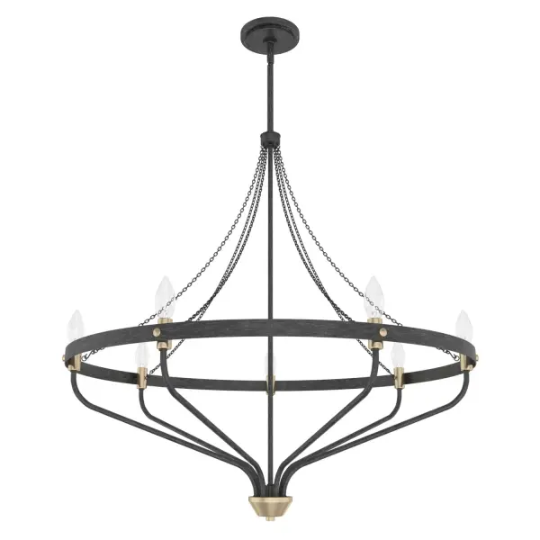 Warmth and wonder converge in Hunter's chandelier—a showstopping piece from our Merlin collection. A ring of luminaries in tubular bulbs evokes a sense of magic and mystery, while the Merlin's modern angles and clean lines serve to ground the fixture in contemporary style. Available in multiple finishes, the Merlin chandelier is a mesmerizing addition to your design scheme. Mix and match with other fixtures from this collection or from our ceiling fan designs. Rated for indoor use only Requires 7 E27 bulbs. Bulbs not included. MADE FOR INDOORS: For use in indoor spaces like kitchens, bedrooms, living rooms, dining rooms, and entryways. BULB RECOMMENDATION: Maximum W per light bulb or equivalent LED bulb. Bulbs not included. PICTURED HERE: Match our image using B10 Candle light bulbs. CUSTOMIZABLE HANGING OPTIONS: With the minimum required downrod, the hanging length is 39.5 inches. When using all of the included downrod, the maximum hanging length is 87.5 inches. WARRANTY: One-year limited warranty backed by the trusted experts at Hunter. - alternate view